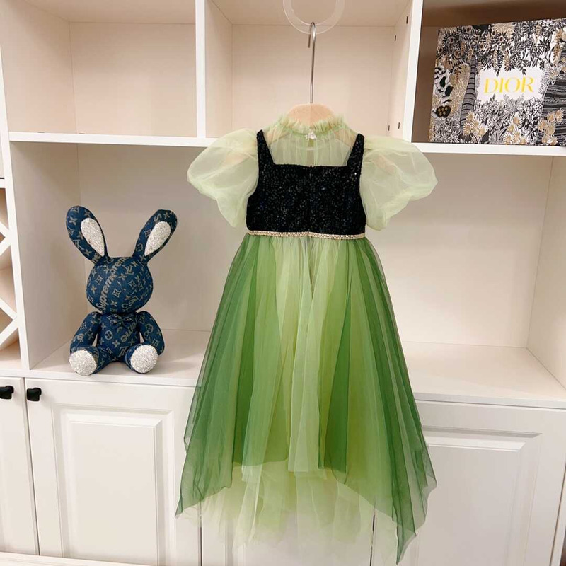 D*or kids sequin hem contrast mesh gown dress green