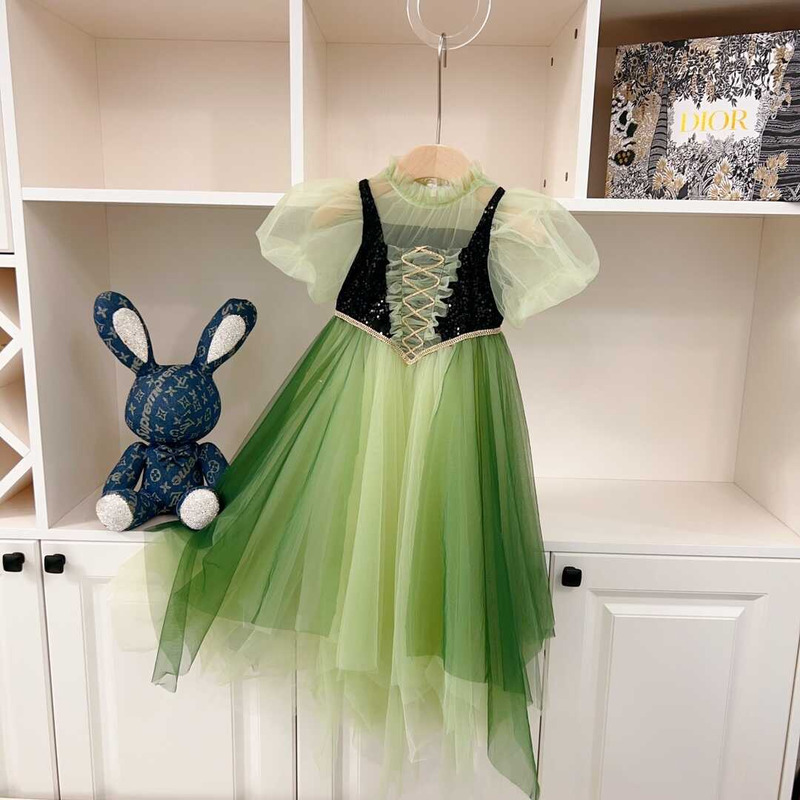 D*or kids sequin hem contrast mesh gown dress green