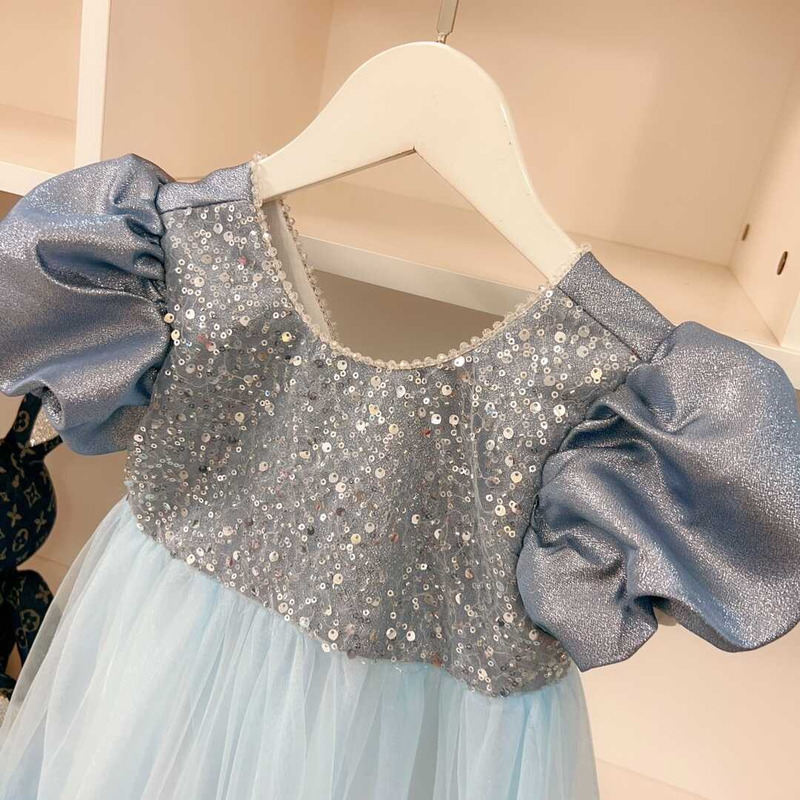 D*or kids sequin hem contrast mesh gown dress blue