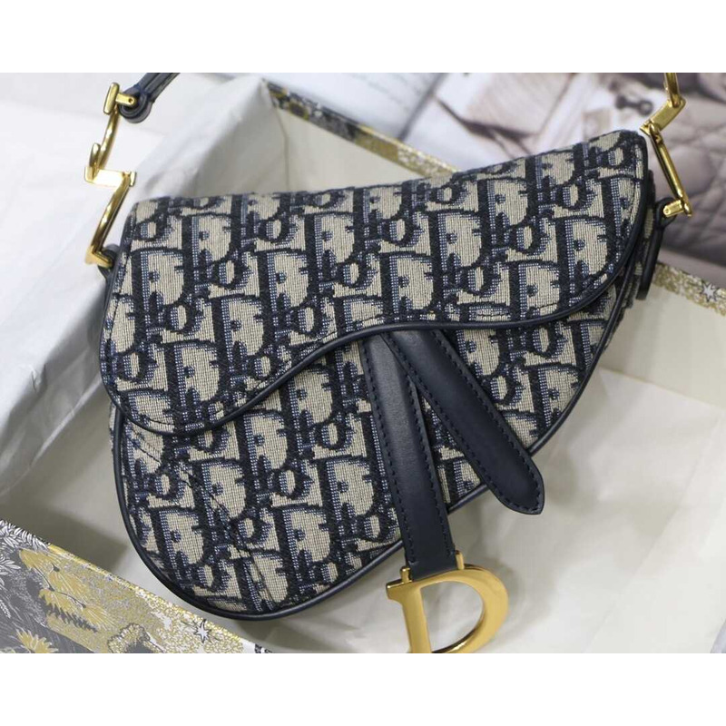 ch**an D*or mini saddle bag with strap blue D*or oblique jacquard