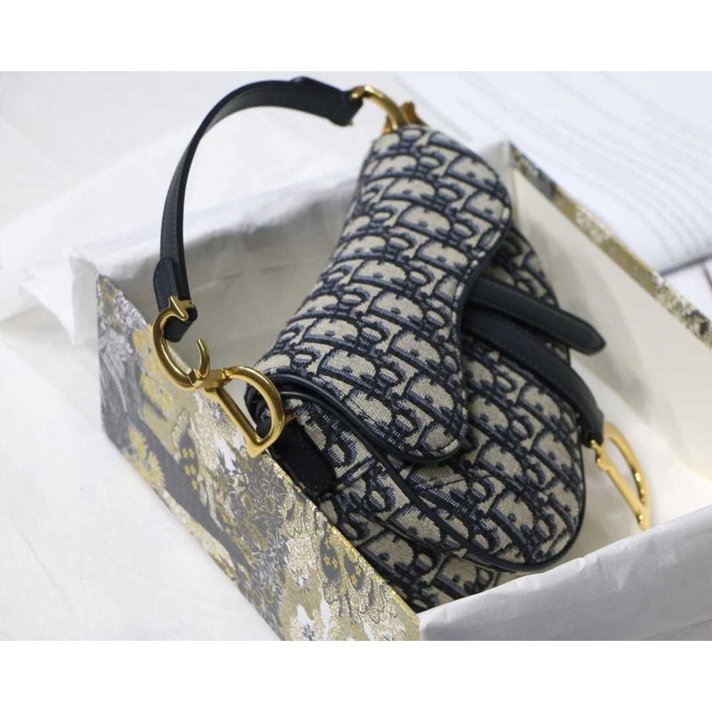 ch**an D*or mini saddle bag with strap blue D*or oblique jacquard