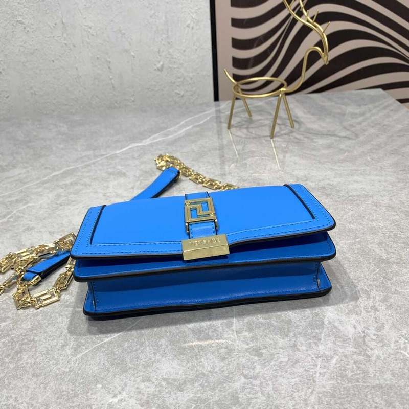 Versace Greca Goddess Leather Wallet On Chain In Navy Blue