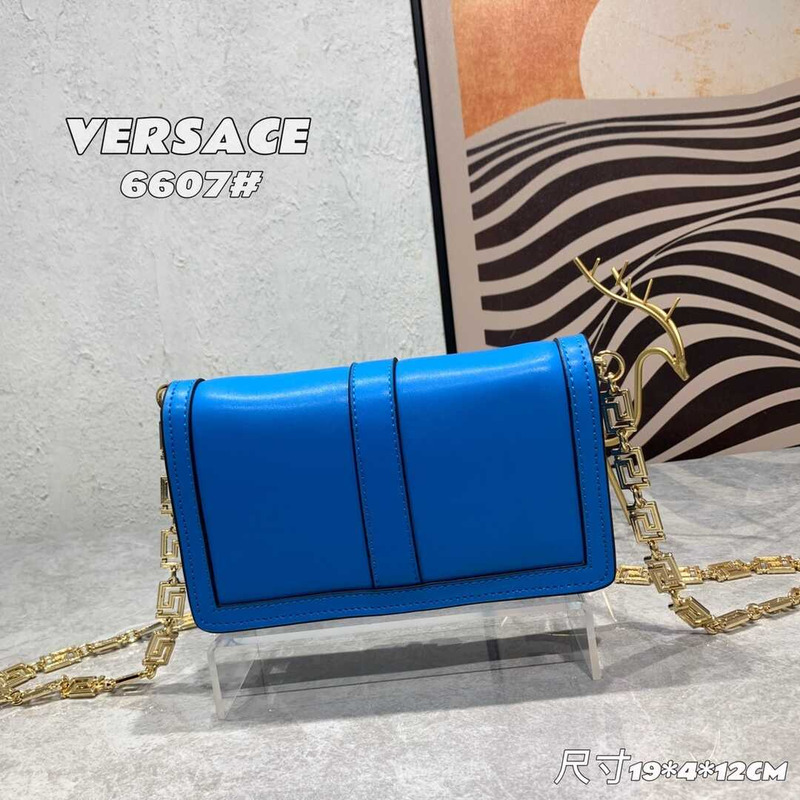 Versace Greca Goddess Leather Wallet On Chain In Navy Blue