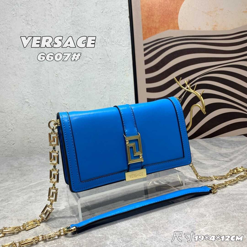 Versace Greca Goddess Leather Wallet On Chain In Navy Blue