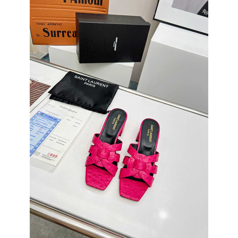 Saint Laurent Tribute mid-heel ostrich skin sandals Pink