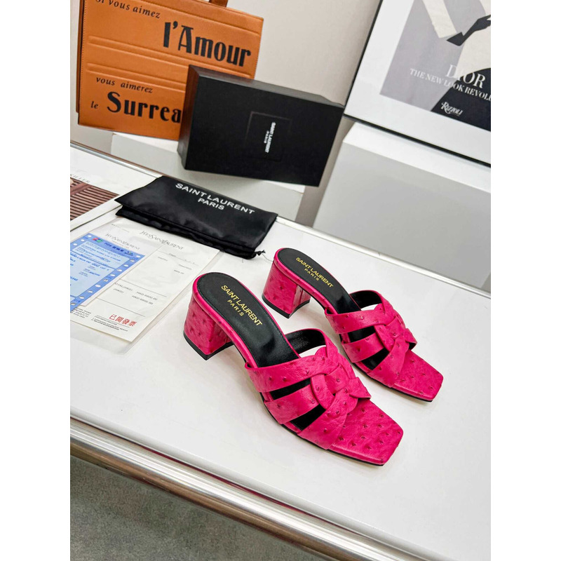 Saint Laurent Tribute mid-heel ostrich skin sandals Pink