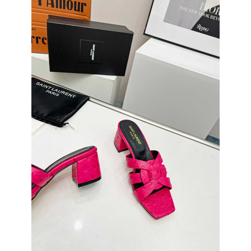 Saint Laurent Tribute mid-heel ostrich skin sandals Pink