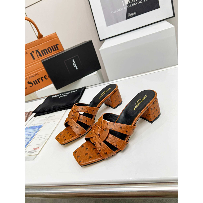 Saint Laurent Tribute mid-heel ostrich skin sandals Brown