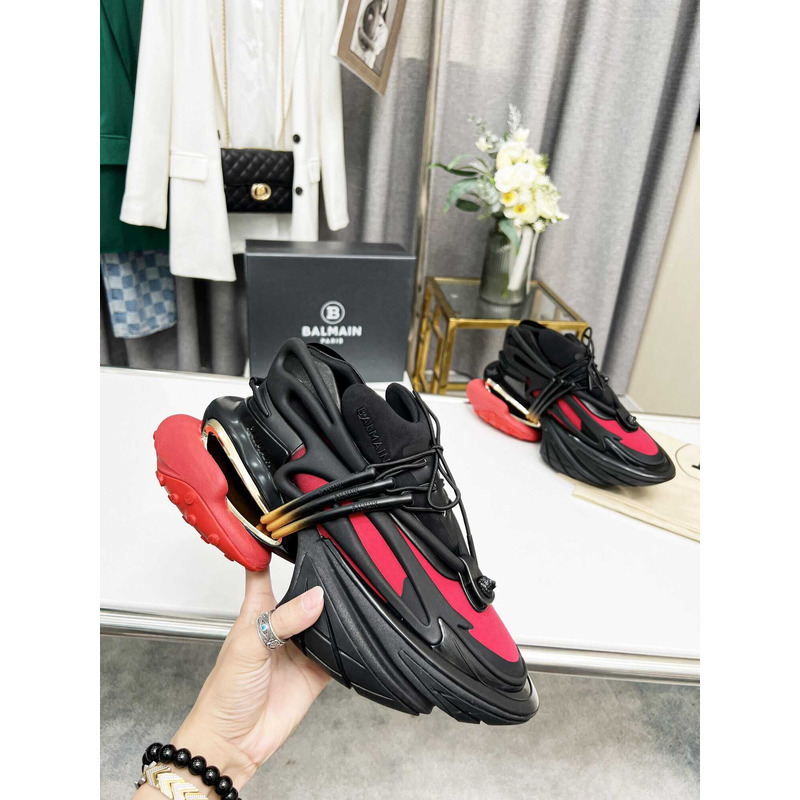 Balmain Unicorn Low Top Trainers Neoprene And Leather Red Black