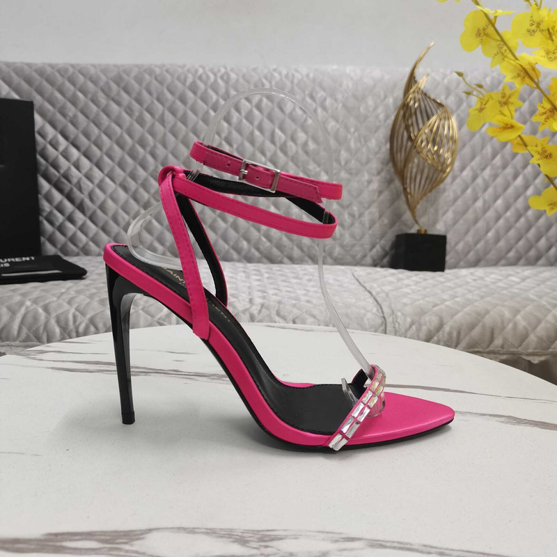 Saint Laurent New Nuit Silk Crystal Stiletto Sandals Rose Red