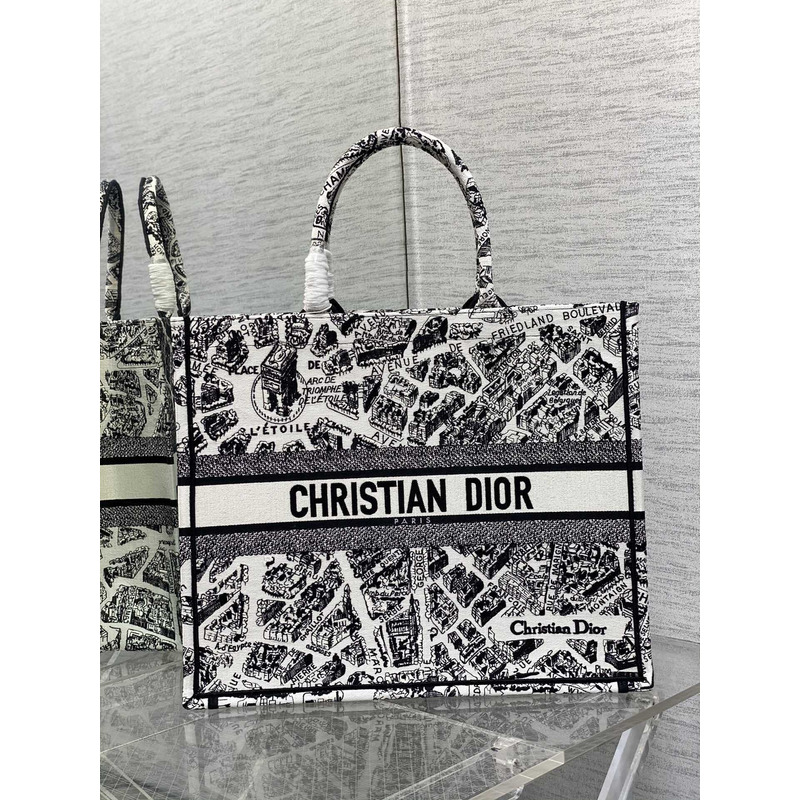 D*or book tote large plan de paris embroidery white and black