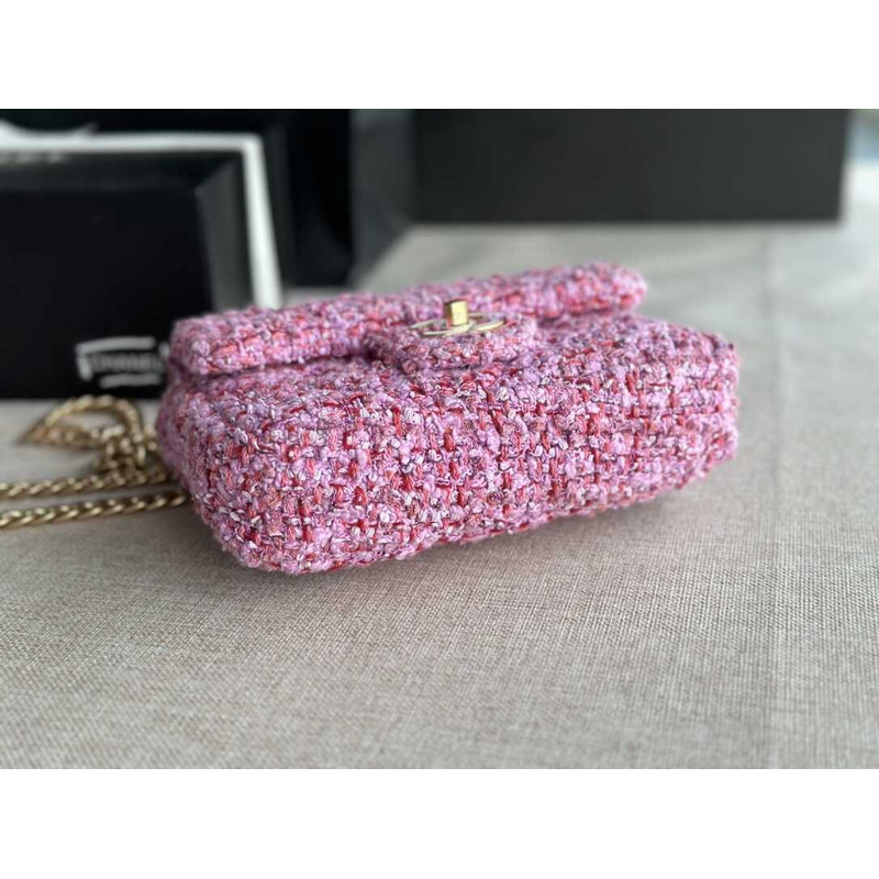 Ch*el tweed flap clutch bag purple