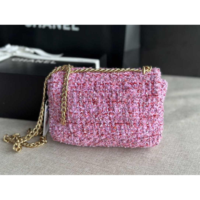 Ch*el tweed flap clutch bag purple