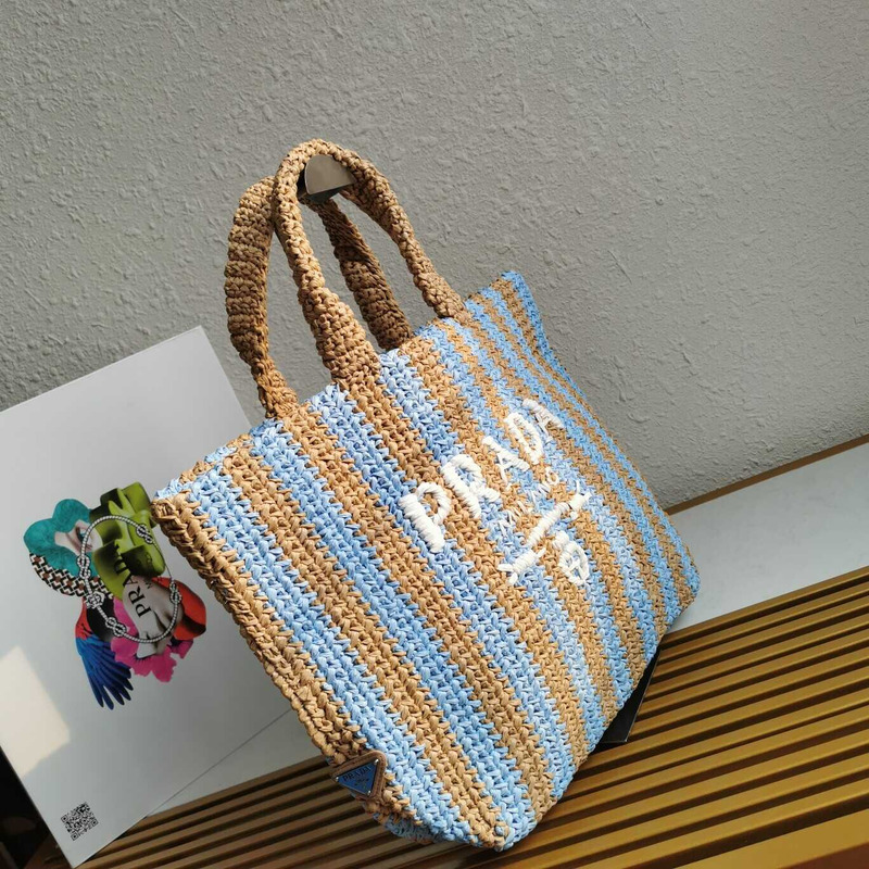 Pra*a large raffia tote bag tan/light blue