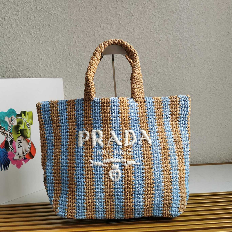 Pra*a large raffia tote bag tan/light blue