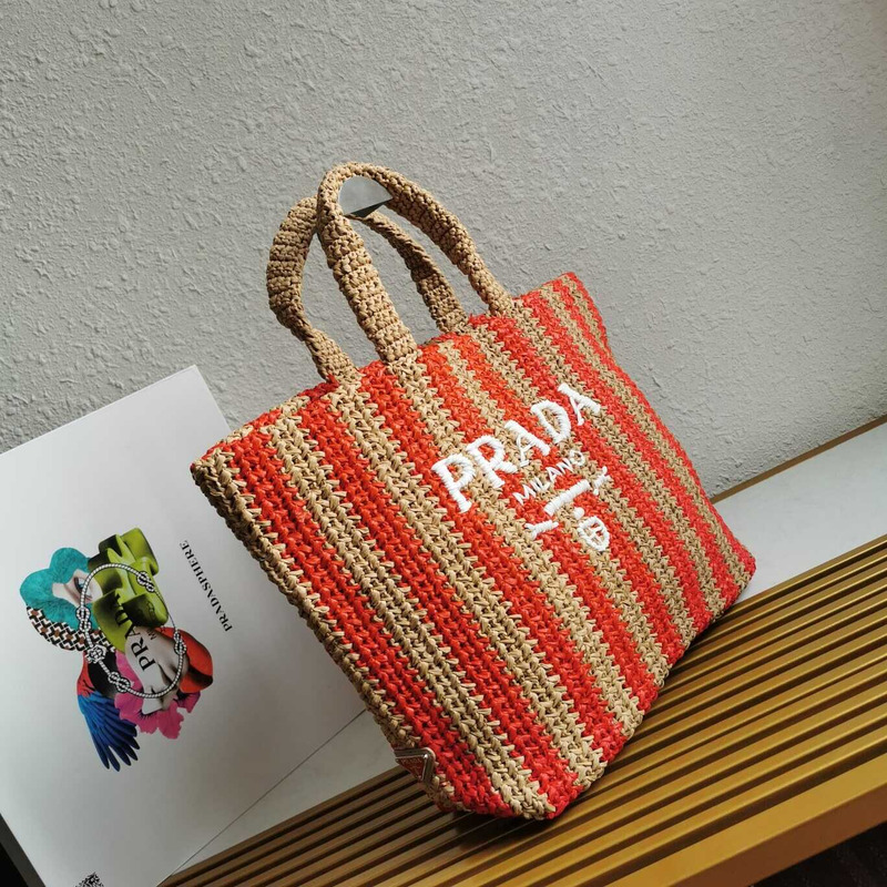 Pra*a large raffia tote bag tan/red