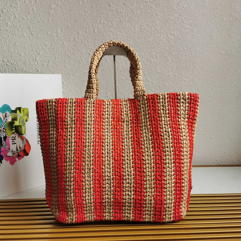 Pra*a large raffia tote bag tan/red