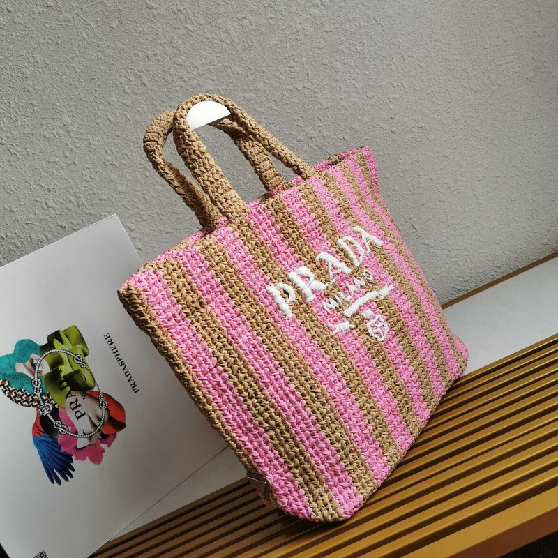 Pra*a large raffia tote bag tan/pink