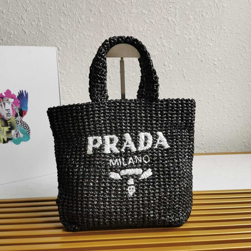 Pra*a large raffia tote bag black