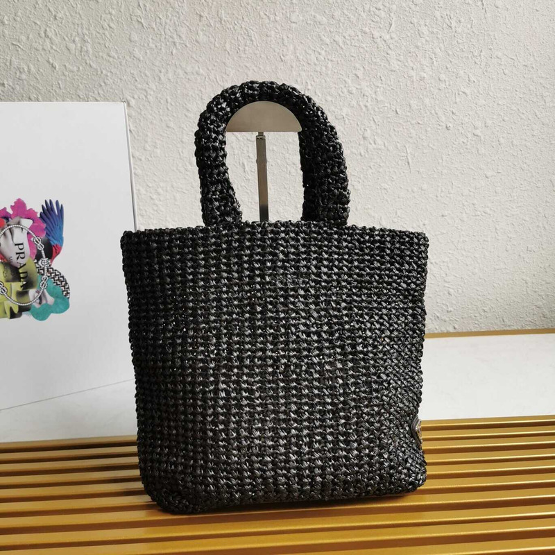 Pra*a large raffia tote bag black