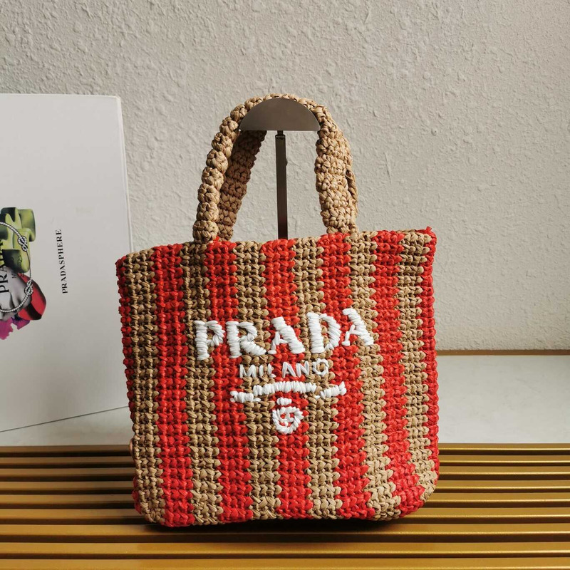 Pra*a large raffia tote bag tan/red