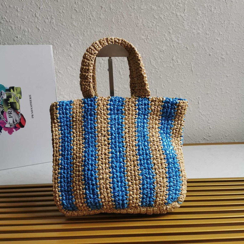 Pra*a large raffia tote bag tan/blue