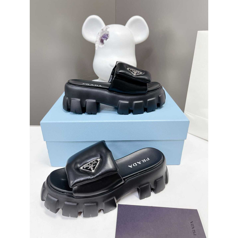 Pra*a soft padded logo plaque platform sandals black