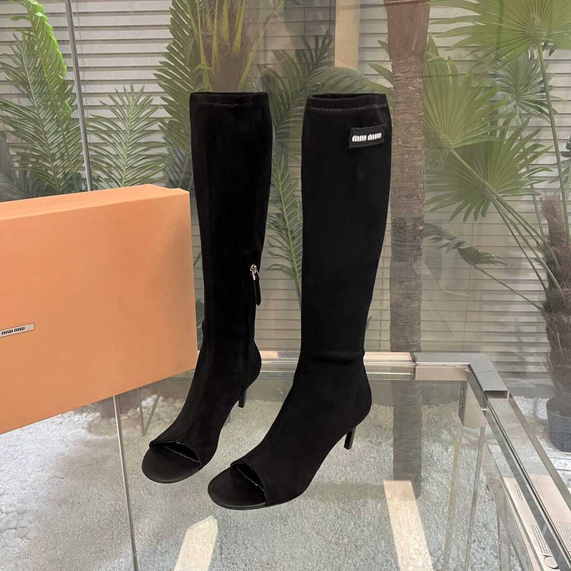 Miu Miu Open Toe Suede Boots Black