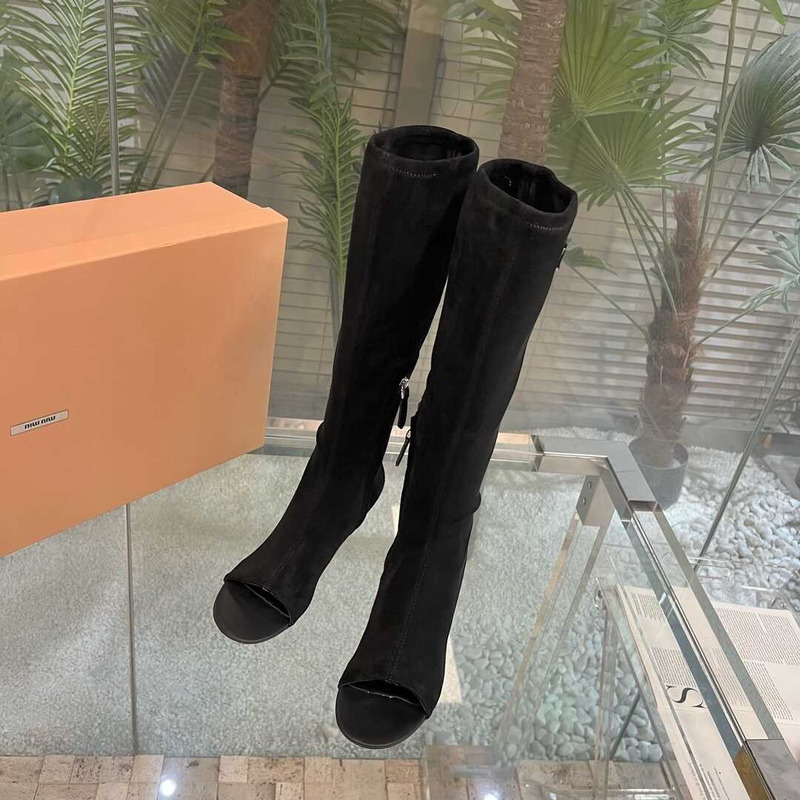 Miu Miu Open Toe Suede Boots Black