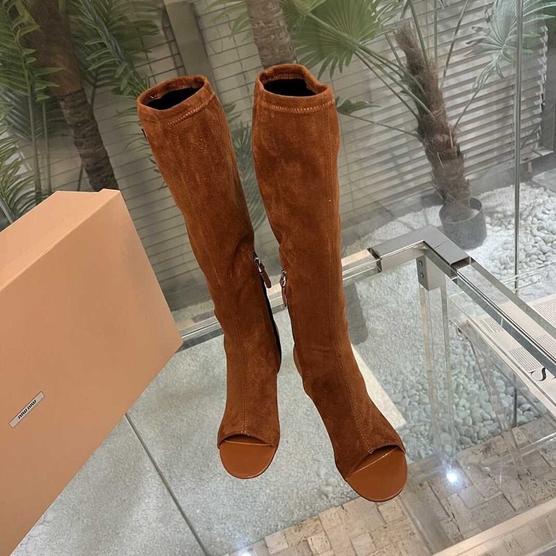 Miu Miu Open Toe Suede Boots Brown