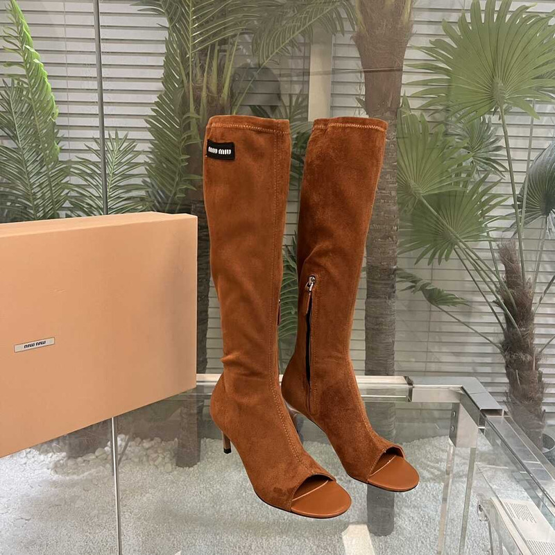 Miu Miu Open Toe Suede Boots Brown