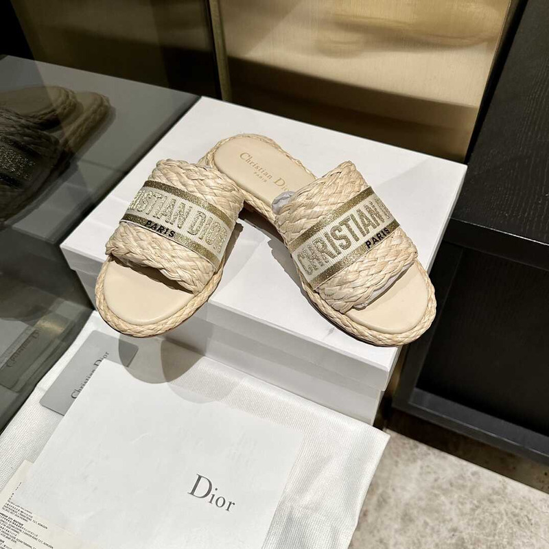 D*or dway slide jute-colored embroidered raffia and cotton gold