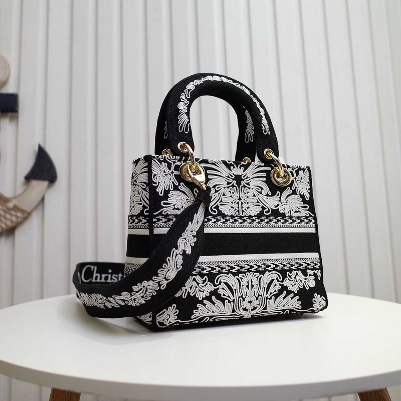 D*or medium lady d-lite bag black and white ornamental cornely-effect embroidery