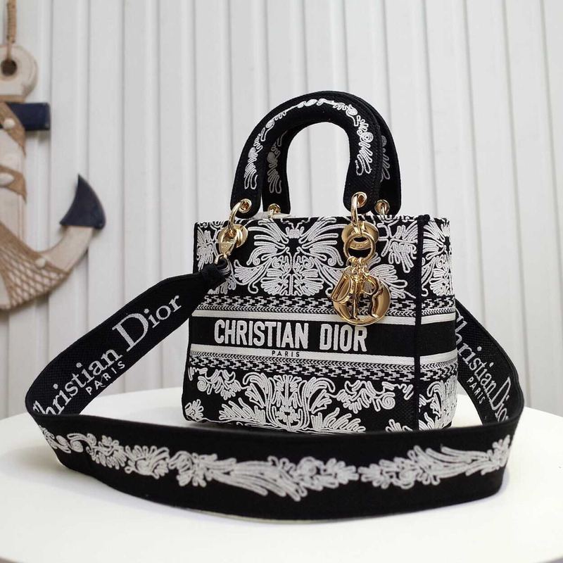 D*or medium lady d-lite bag black and white ornamental cornely-effect embroidery