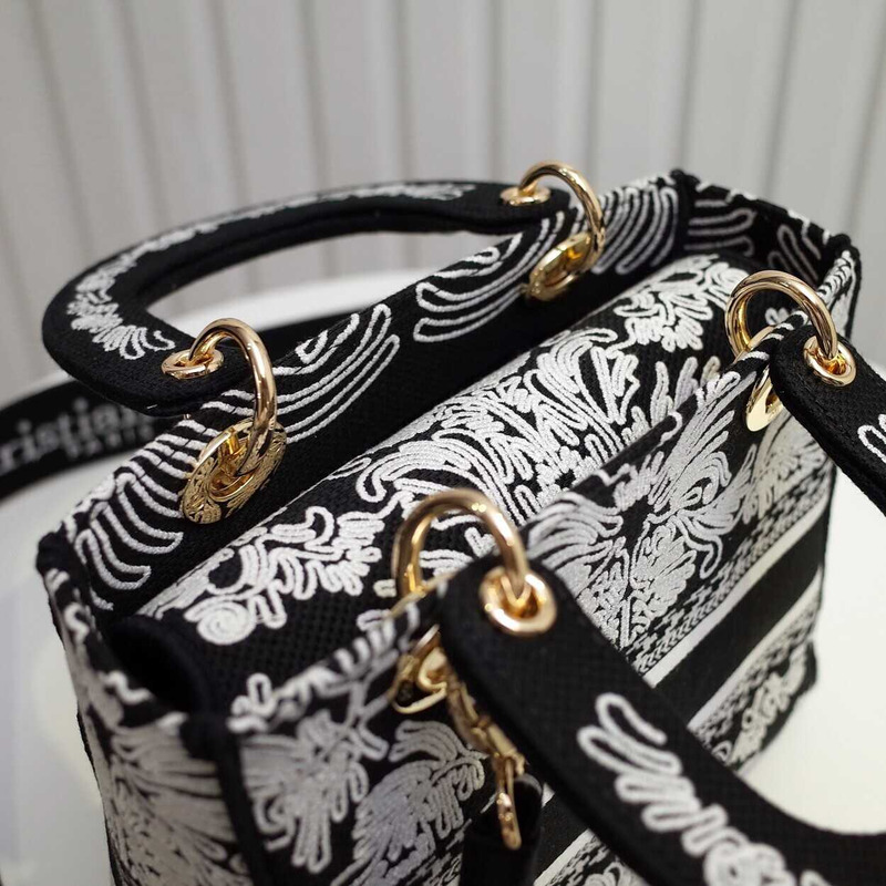 D*or medium lady d-lite bag black and white ornamental cornely-effect embroidery