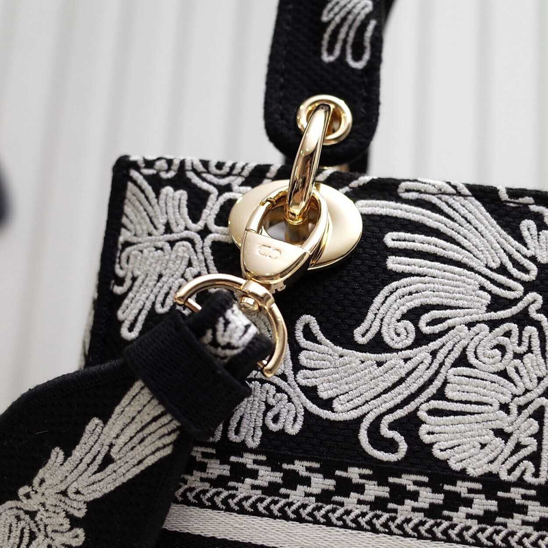 D*or medium lady d-lite bag black and white ornamental cornely-effect embroidery