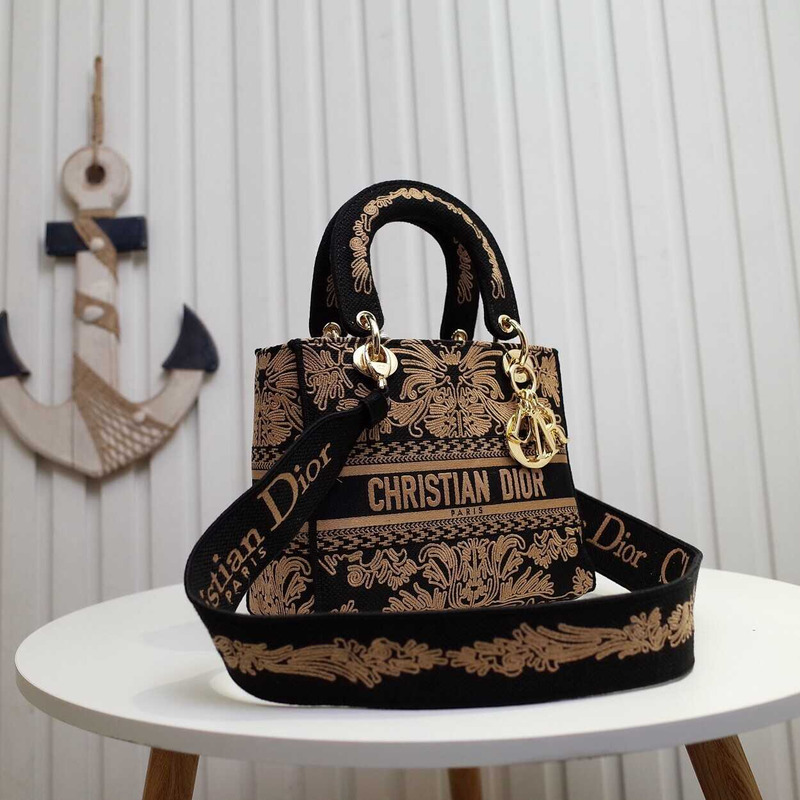 D*or medium lady d-lite bag black and brown ornamental cornely-effect embroidery