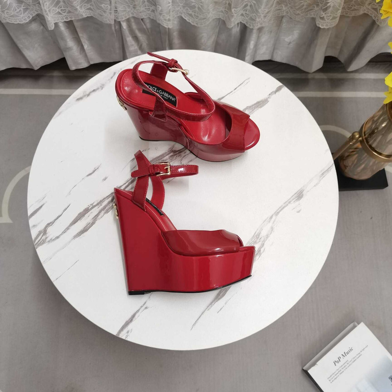 Dolce & Gabbana Patent Leather Wedge Heels Sandals Red