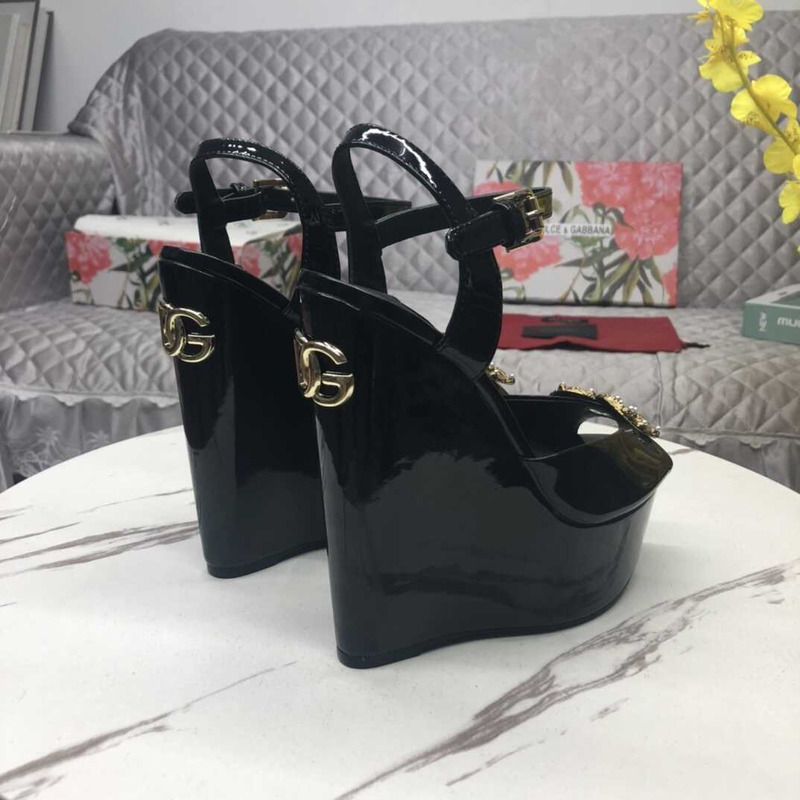 Dolce & Gabbana Wedge Platform Patent Leather Sandals Black