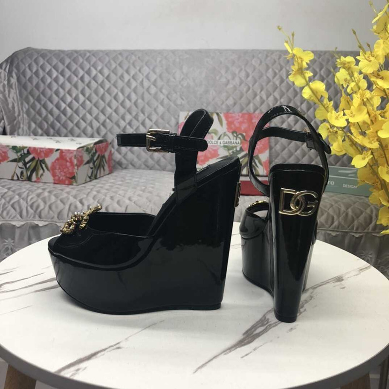 Dolce & Gabbana Wedge Platform Patent Leather Sandals Black