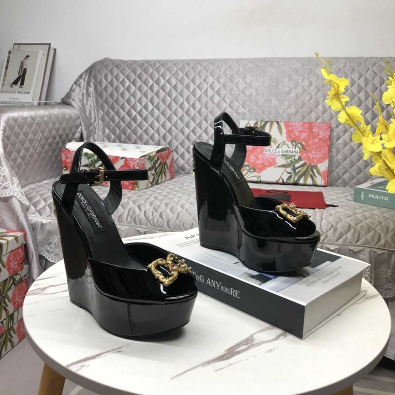 Dolce & Gabbana Wedge Platform Patent Leather Sandals Black