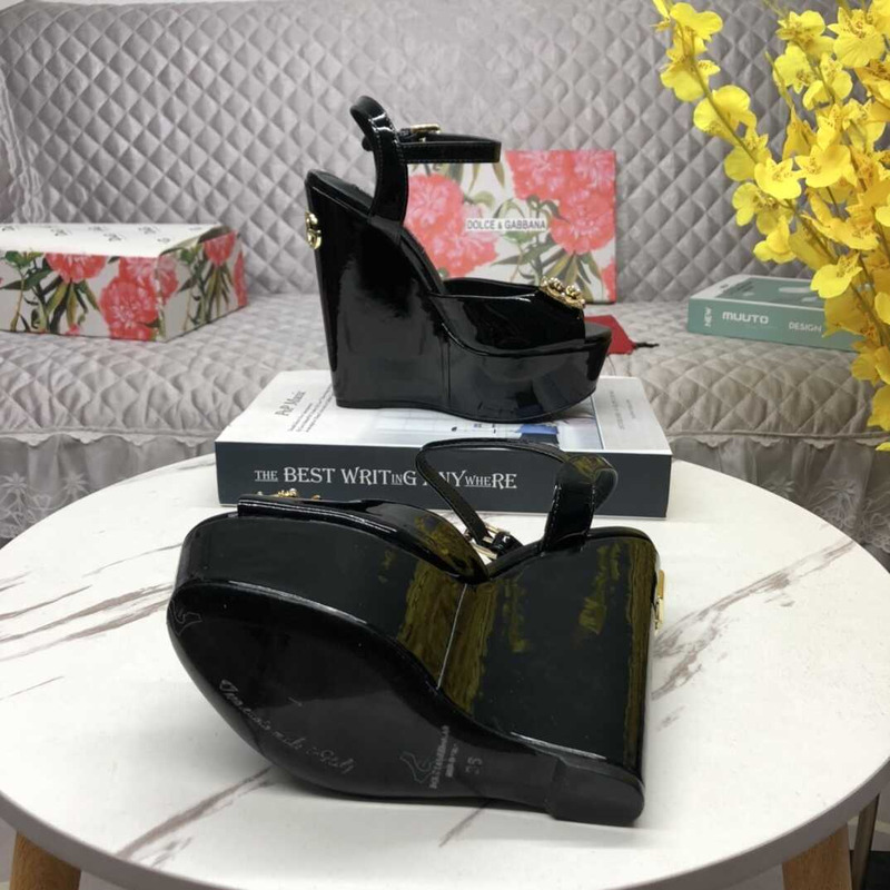 Dolce & Gabbana Wedge Platform Patent Leather Sandals Black