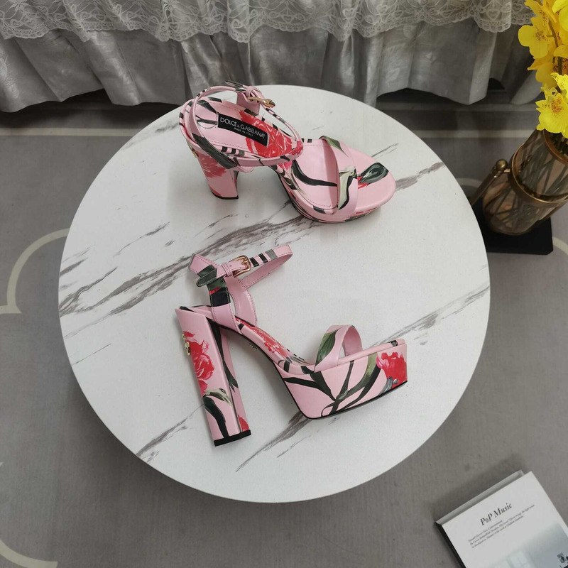 Dolce & Gabbana Printed Fabric Platform Sandals Heels Pink