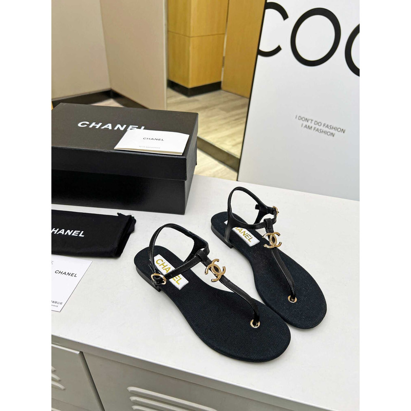 Ch*el lambskin & strass sandal black