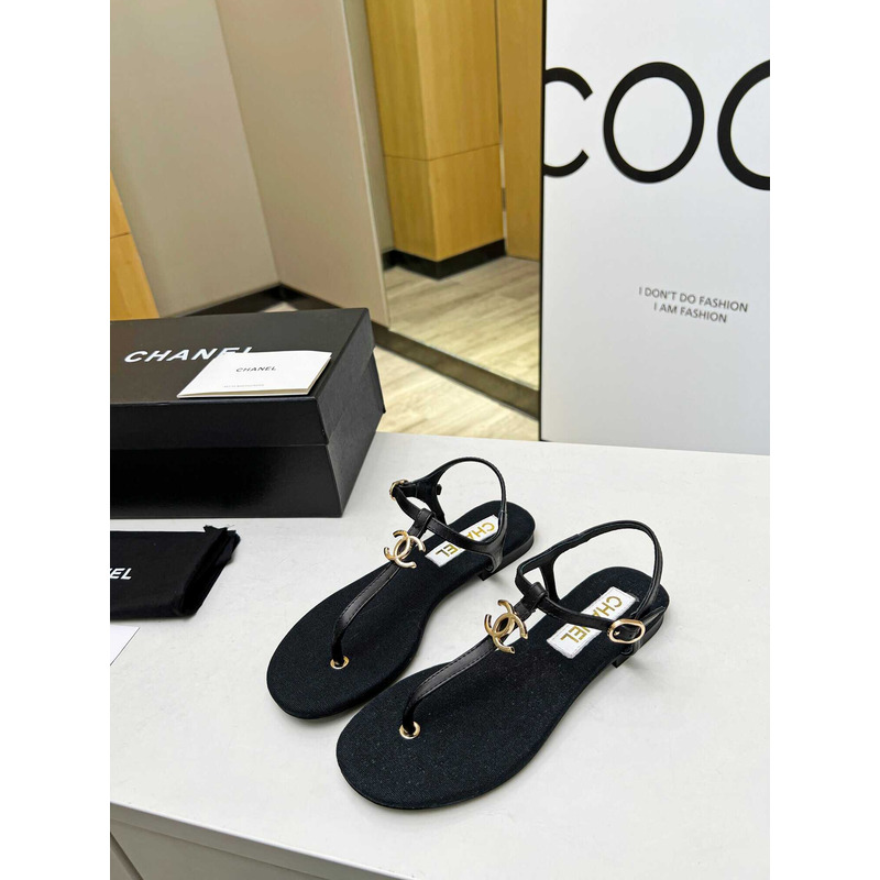 Ch*el lambskin & strass sandal black