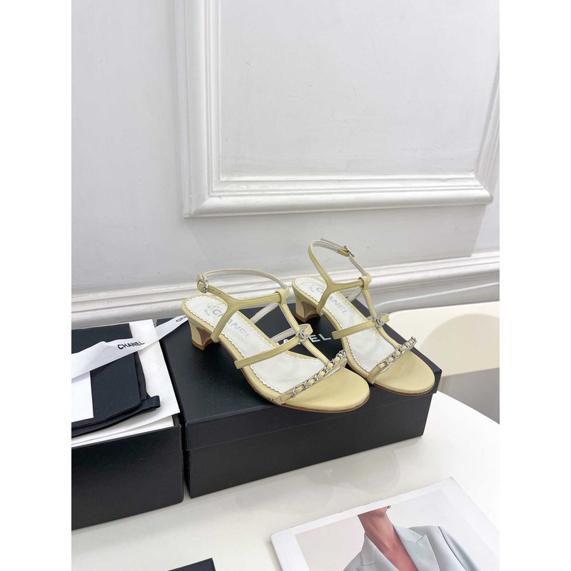 Ch*el lambskin & metal sandal light yellow