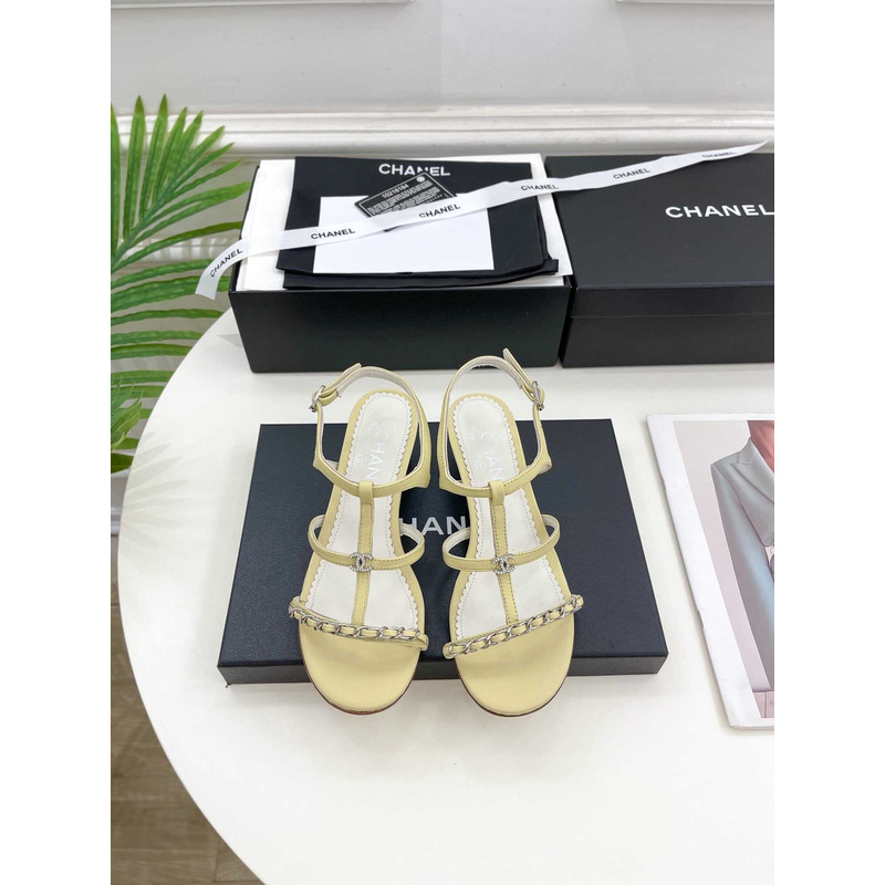 Ch*el lambskin & metal sandal light yellow