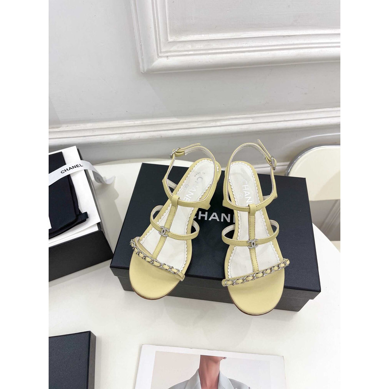 Ch*el lambskin & metal sandal light yellow