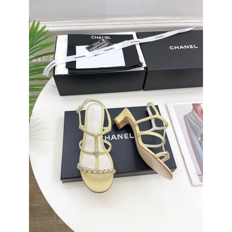 Ch*el lambskin & metal sandal light yellow