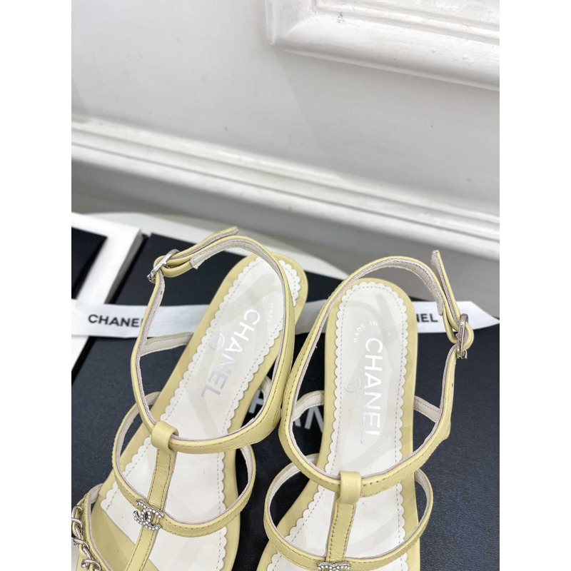 Ch*el lambskin & metal sandal light yellow